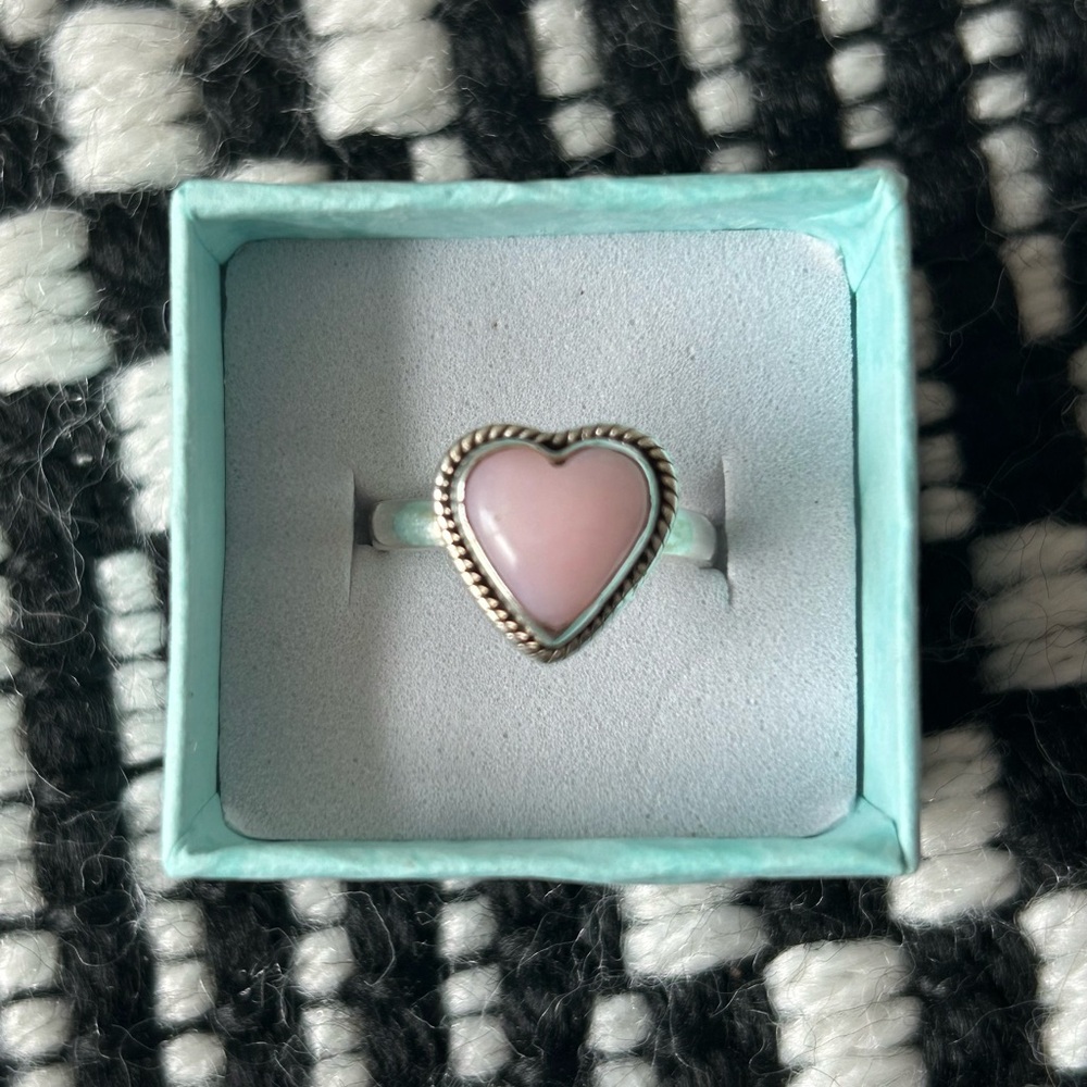 Sterling silver pink opal heart adjustable ring
